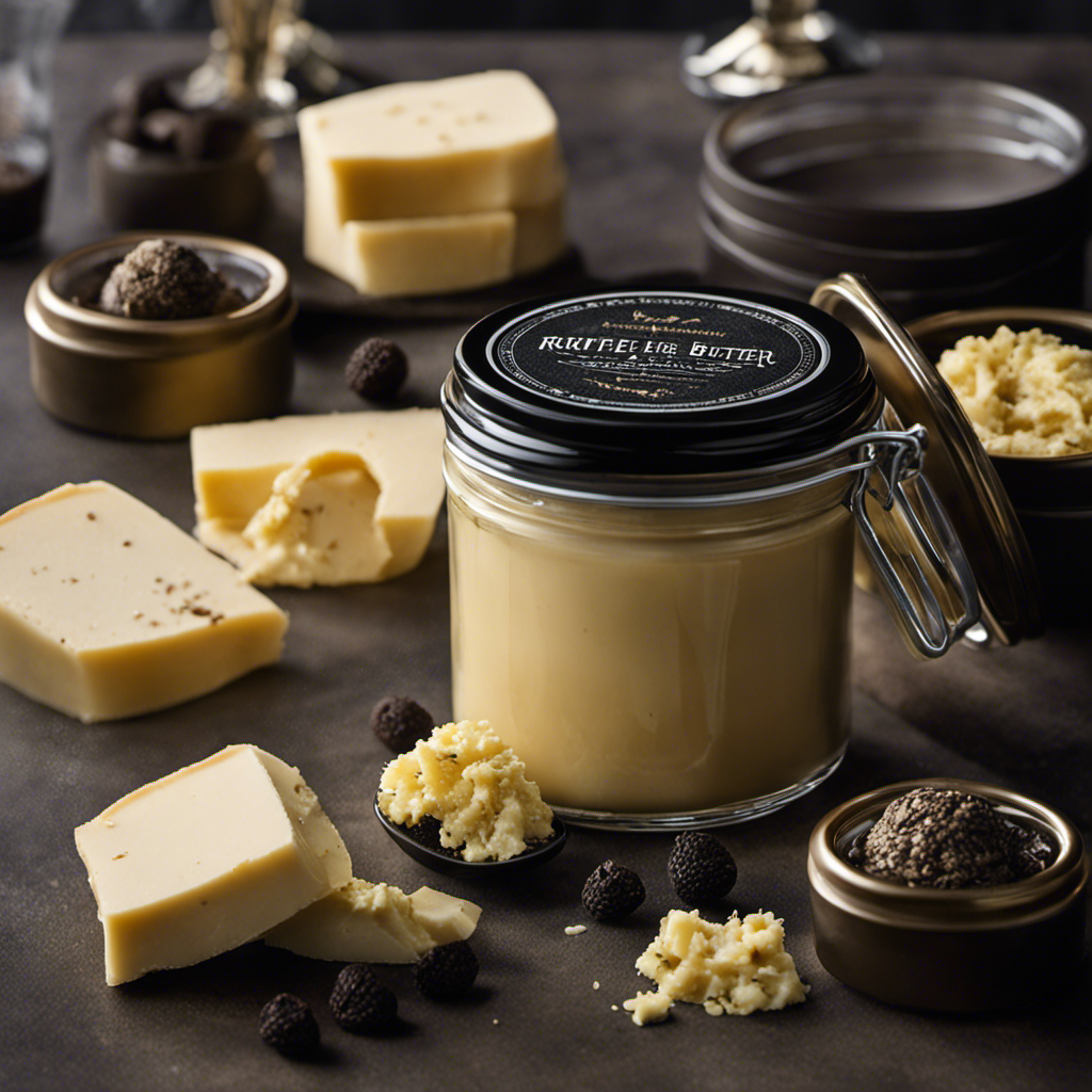 An image featuring a close-up shot of a luxurious handcrafted jar filled with creamy, golden-hued truffle butter