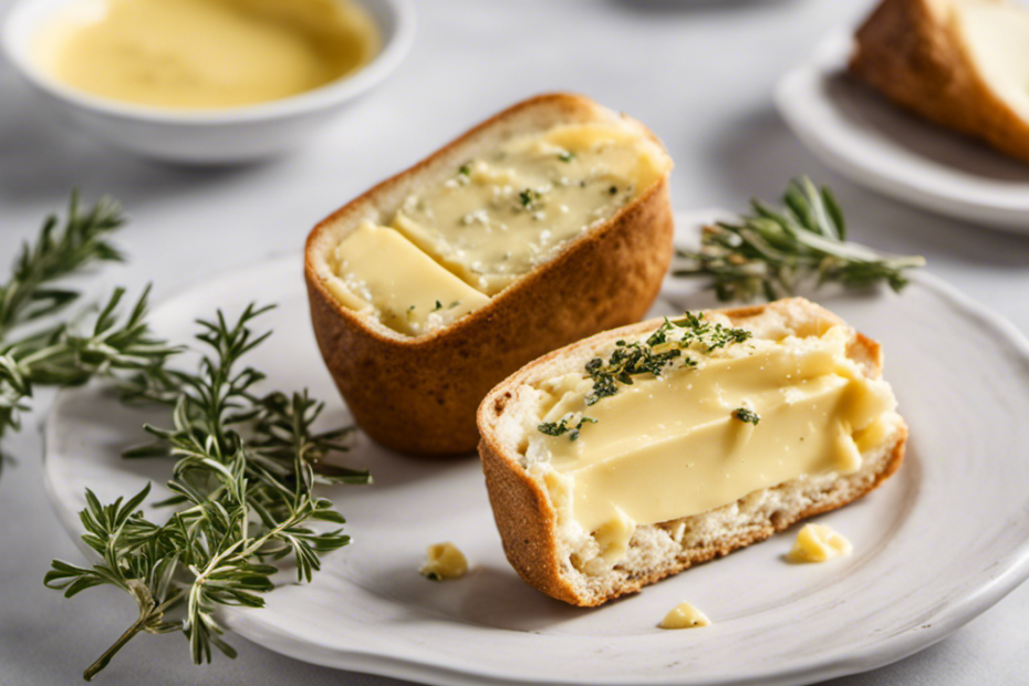An image featuring a luxurious, close-up shot of a golden-hued truffle, glistening with melt-in-your-mouth butter, elegantly sliced and spread on a freshly baked baguette, surrounded by aromatic sprigs of thyme