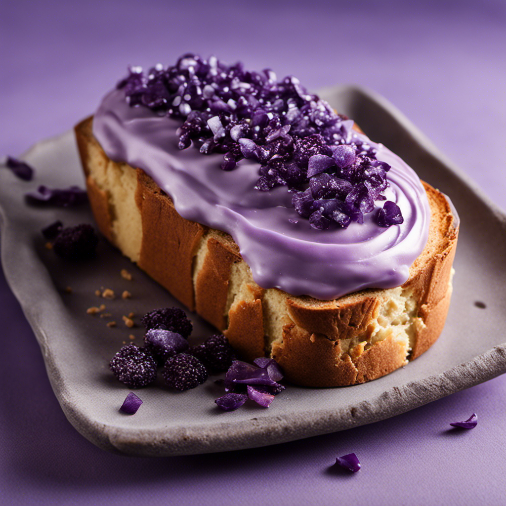 An image showcasing a creamy, pastel purple spread melting onto a warm slice of bread