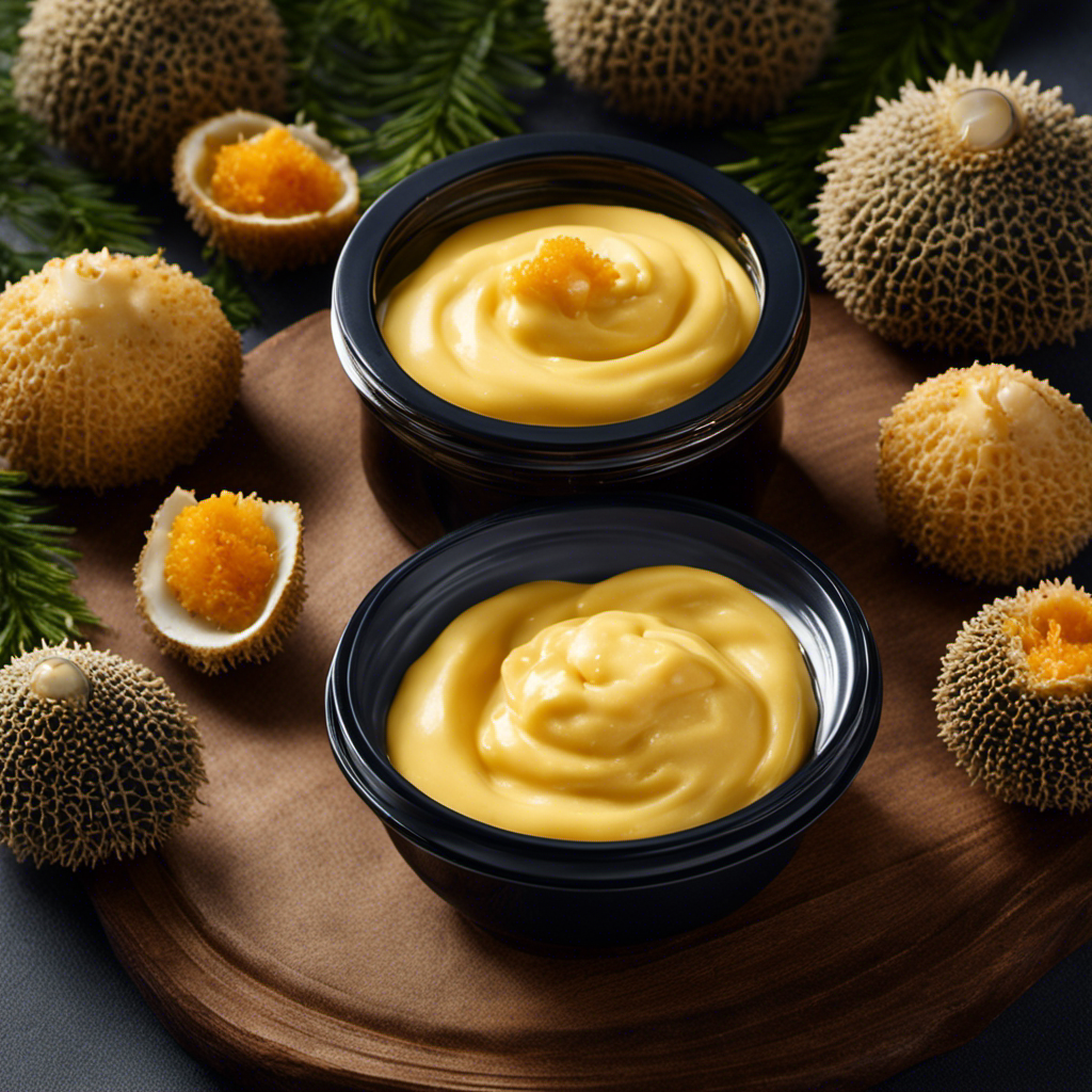 An image showcasing a jar of creamy, pale yellow Uni Butter, expertly crafted from fresh sea urchin roe