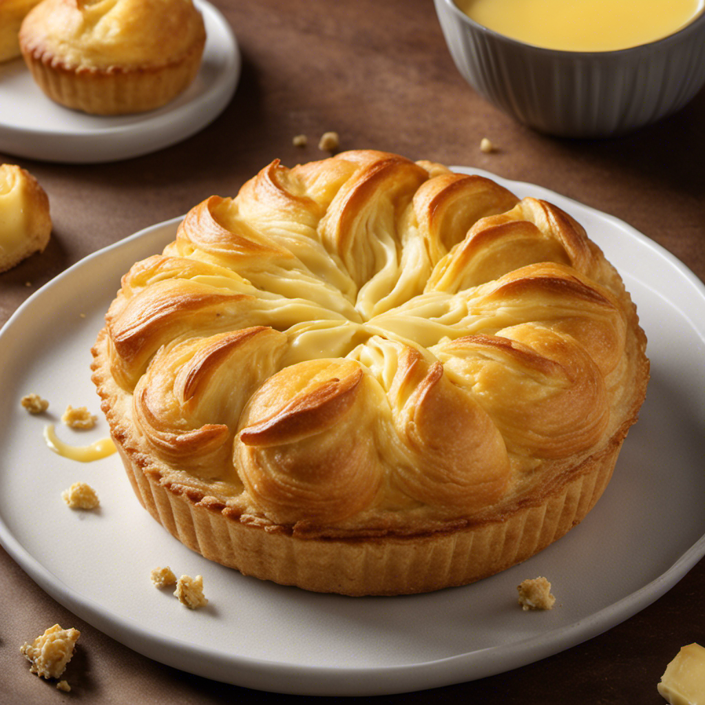 An image showcasing a fluffy, golden pastry with a flaky crust, topped with a dollop of unsalted butter melting down its sides