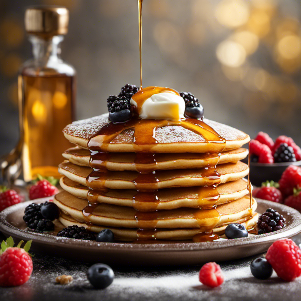 An image showcasing a stack of warm, golden pancakes topped with a dollop of whipped butter melting luxuriously over the edges, surrounded by a drizzle of golden maple syrup and scattered fresh berries