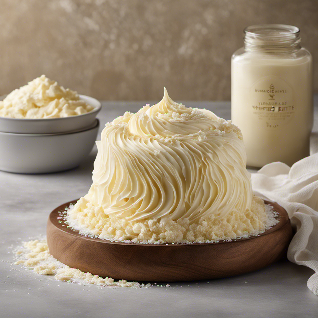 An image that captures the essence of whipped butter: a creamy, cloud-like texture swirling with delicate ridges and peaks, adorned with a sprinkling of fine sea salt crystals, inviting a luscious indulgence
