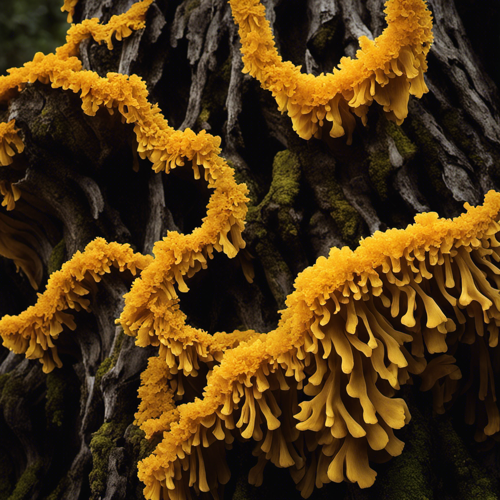 An image showcasing the mysterious beauty of Witches Butter: a vibrant, gelatinous fungus clinging to a decaying tree trunk