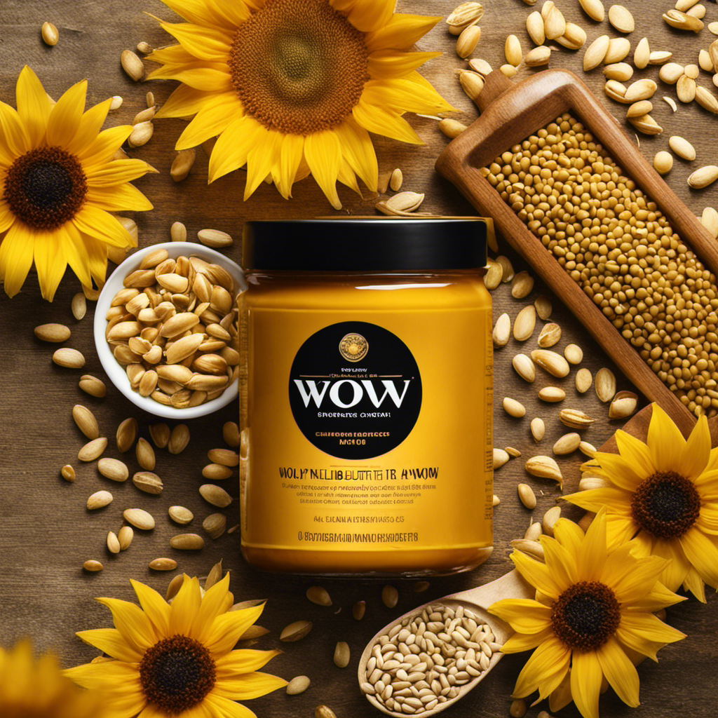 An image capturing the essence of Wow Butter's ingredients: a lush field of golden, toasted soybeans swaying in the gentle breeze, intermingled with a cascade of velvety sunflower seeds, all surrounded by a halo of rich, creamy palm oil