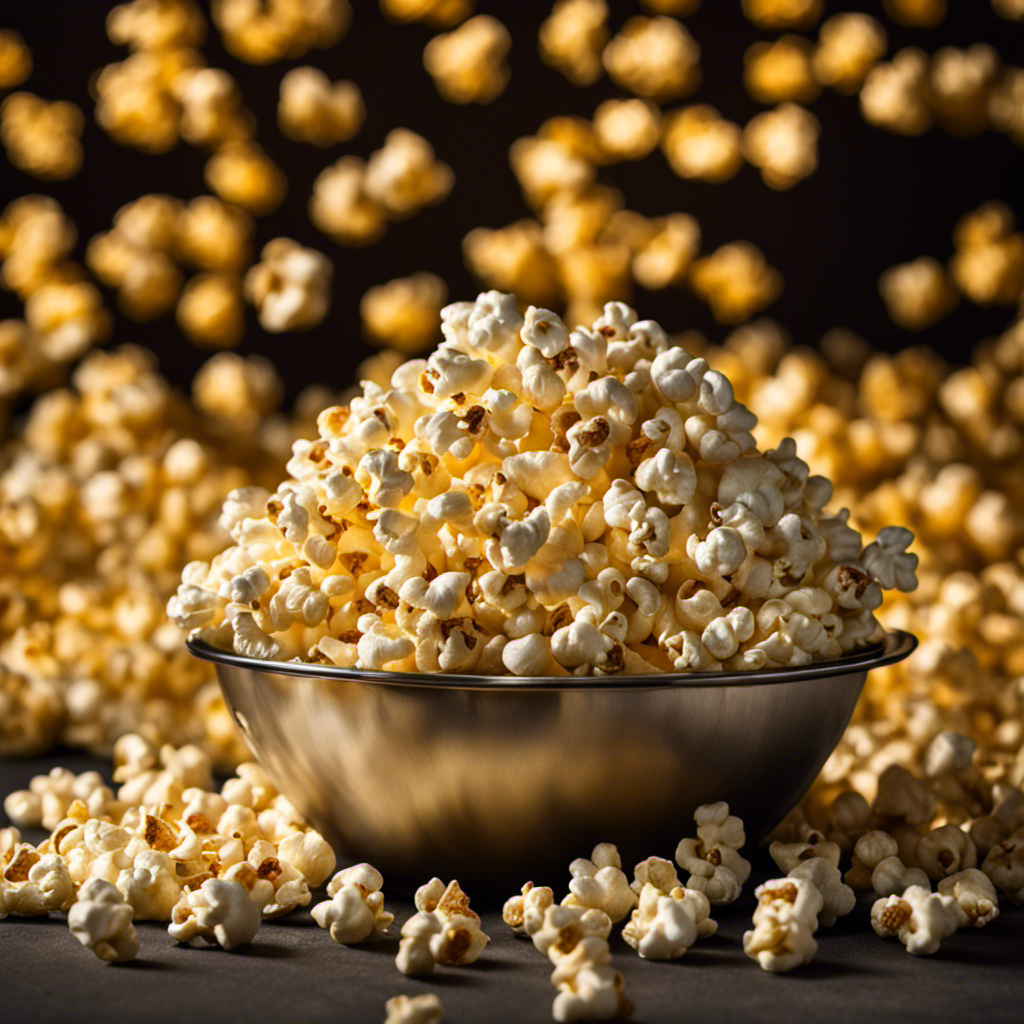 An image showcasing a close-up shot of a freshly popped bucket of movie theater popcorn, glistening under the warm, golden glow of melted butter gracefully cascading over each fluffy kernel