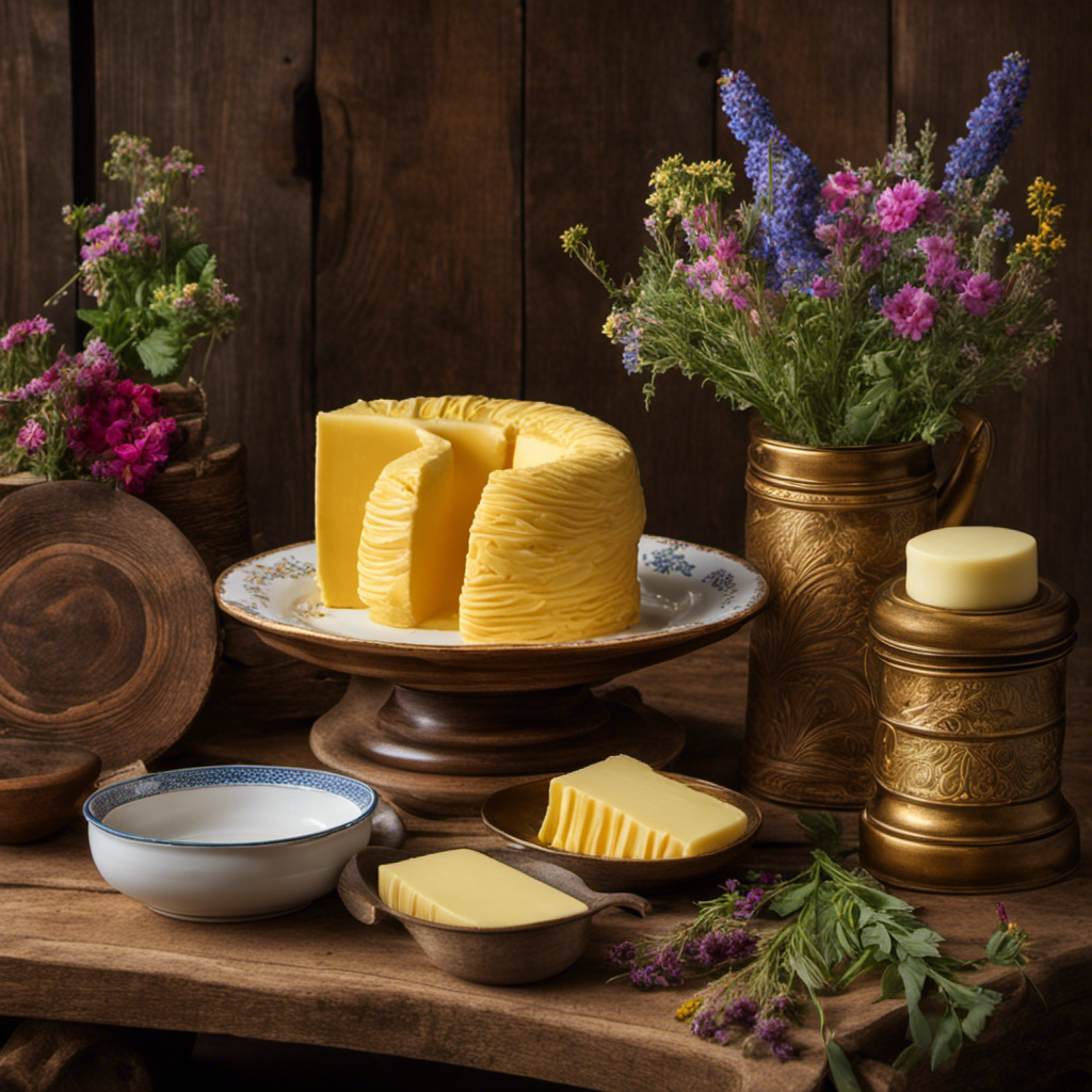 An image showcasing a rustic, wooden table adorned with a golden, freshly churned butter sculpture atop a delicate porcelain dish, surrounded by vibrant wildflowers and a vintage butter churn in the background