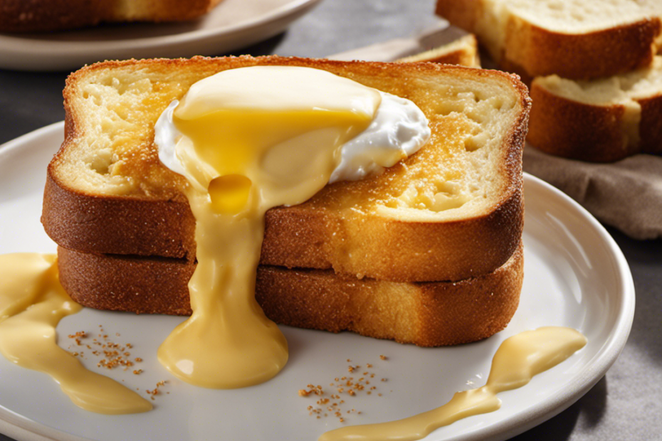 An image featuring a close-up view of a perfectly golden, thick slice of Texas toast smothered with a generous dollop of creamy, whipped butter, melting enticingly and glistening under warm restaurant lighting
