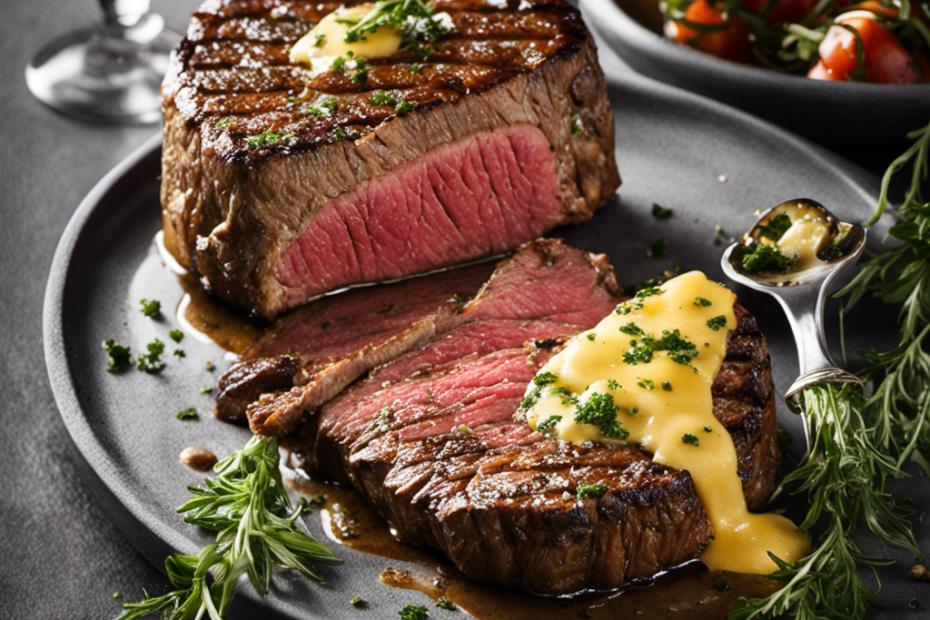 An image showcasing a sizzling steak, perfectly charred on the outside, with a generous dollop of rich, creamy garlic herb butter melting on top, releasing aromatic steam and adding a golden sheen