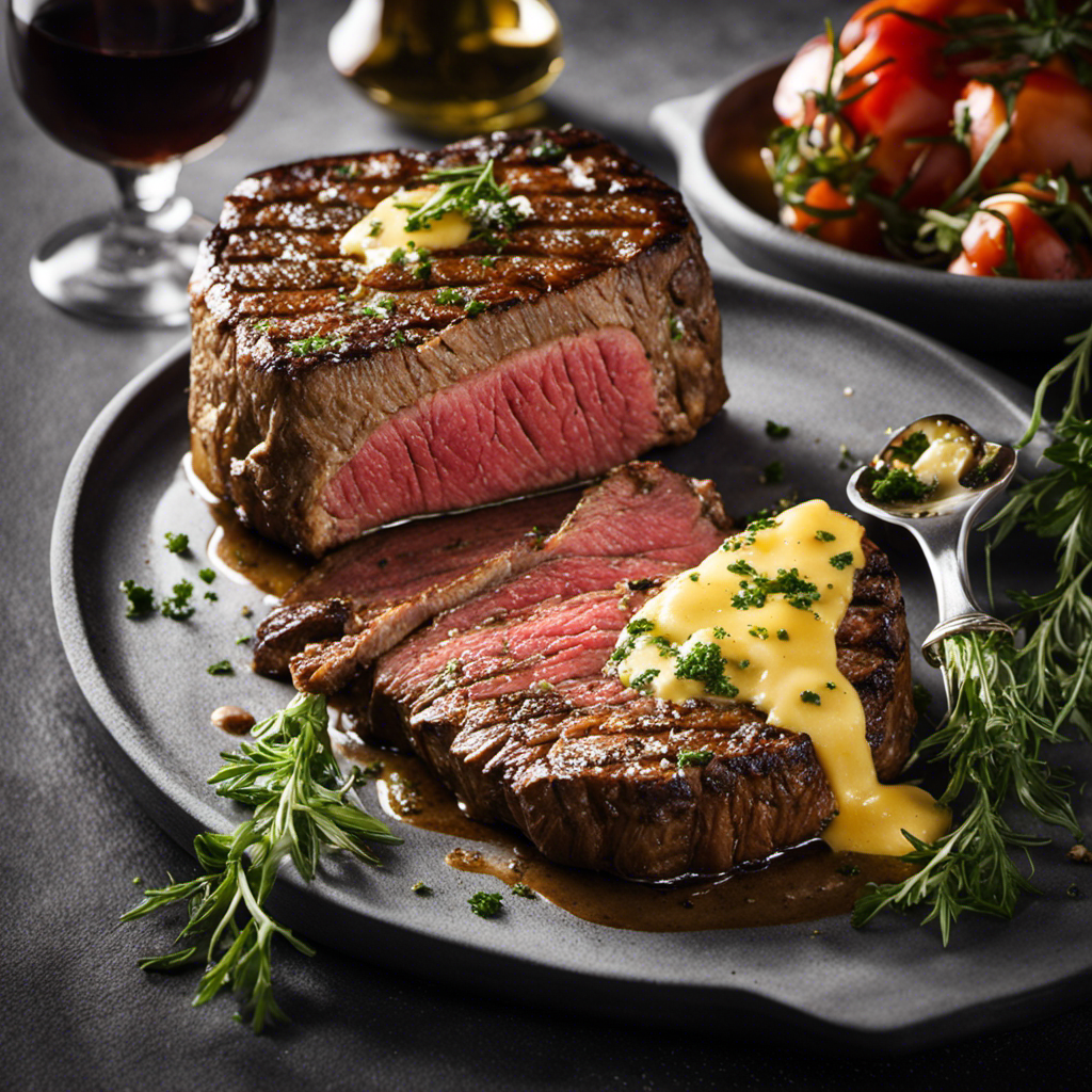 An image showcasing a sizzling steak, perfectly charred on the outside, with a generous dollop of rich, creamy garlic herb butter melting on top, releasing aromatic steam and adding a golden sheen