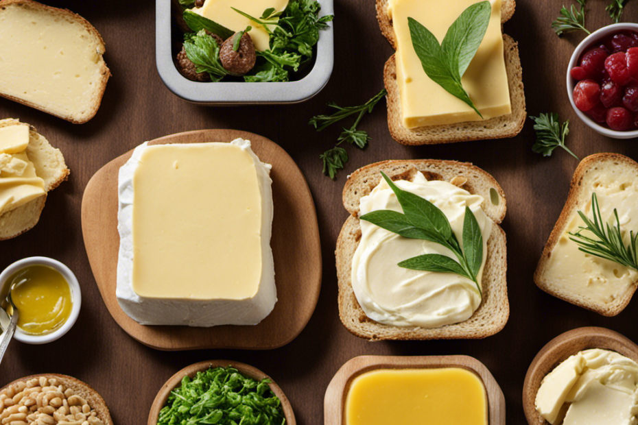 An image showcasing a variety of butter options, including organic grass-fed butter, plant-based spreads, and low-fat options