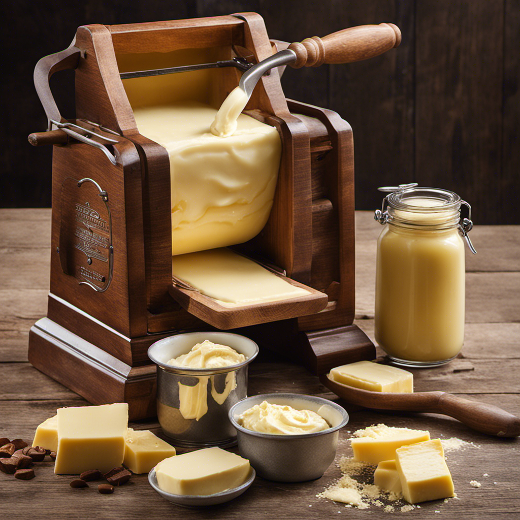 An image showcasing the step-by-step process of churning butter, from the initial pouring of fresh cream into a vintage churn, to the gradual transformation into a rich, velvety butter, ready to be enjoyed