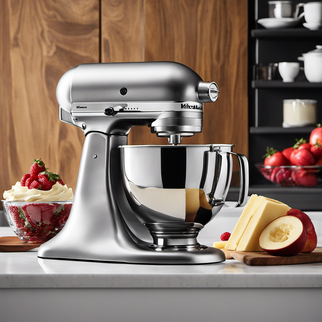 An image showcasing a Kitchenaid stand mixer with a paddle attachment, expertly blending creamy butter and sugar in a stainless steel bowl, resulting in a smooth and fluffy mixture