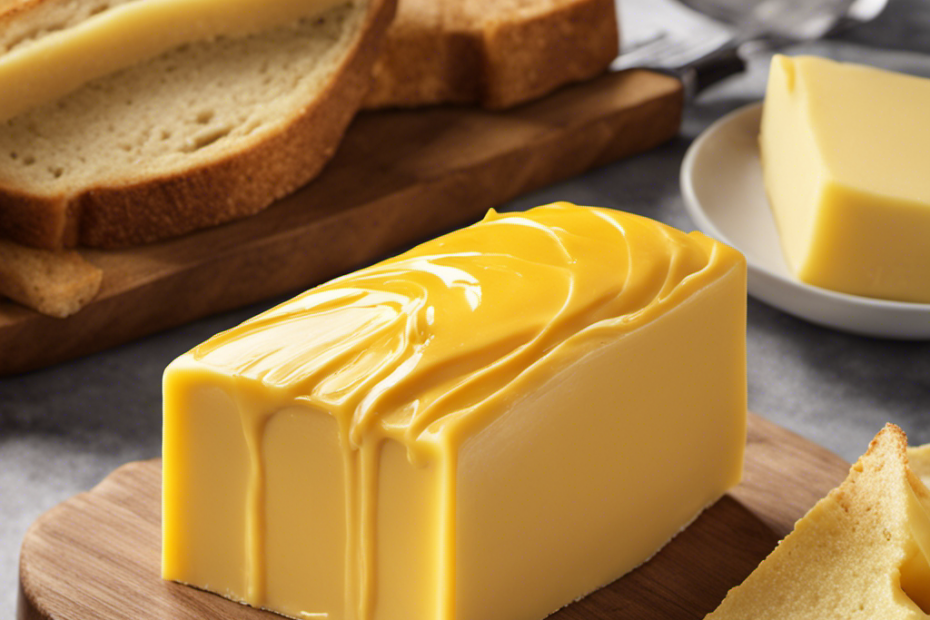 An image showcasing a vibrant, sun-kissed yellow butter block, glistening with a golden hue