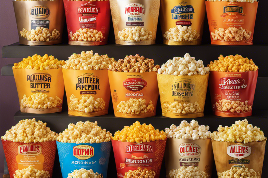 An image showcasing a variety of microwave popcorn brands, each bag overflowing with luscious golden butter, glistening under the light