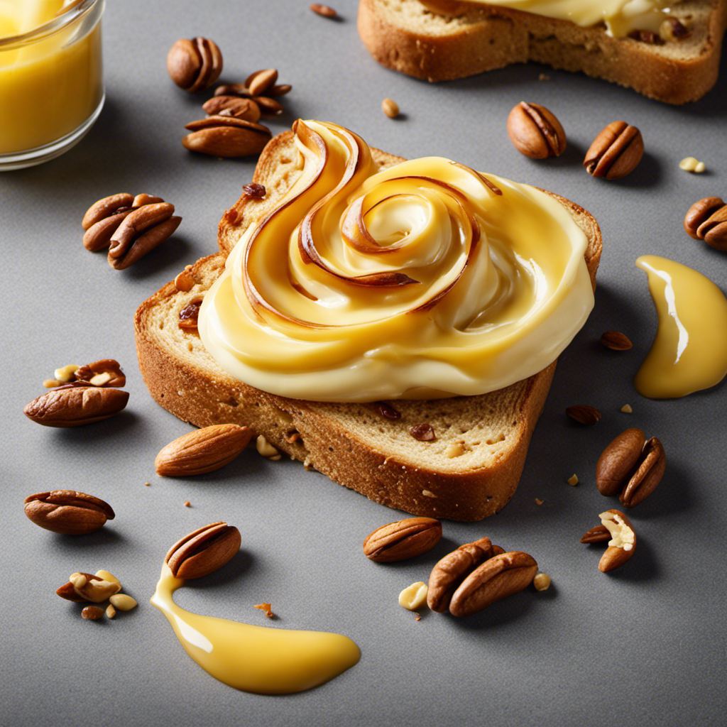 An image of a golden, creamy swirl of "What Not Butter" melting on a piping hot slice of toast, with a scattering of crispy, caramelized nuts and a hint of aromatic cinnamon in the air