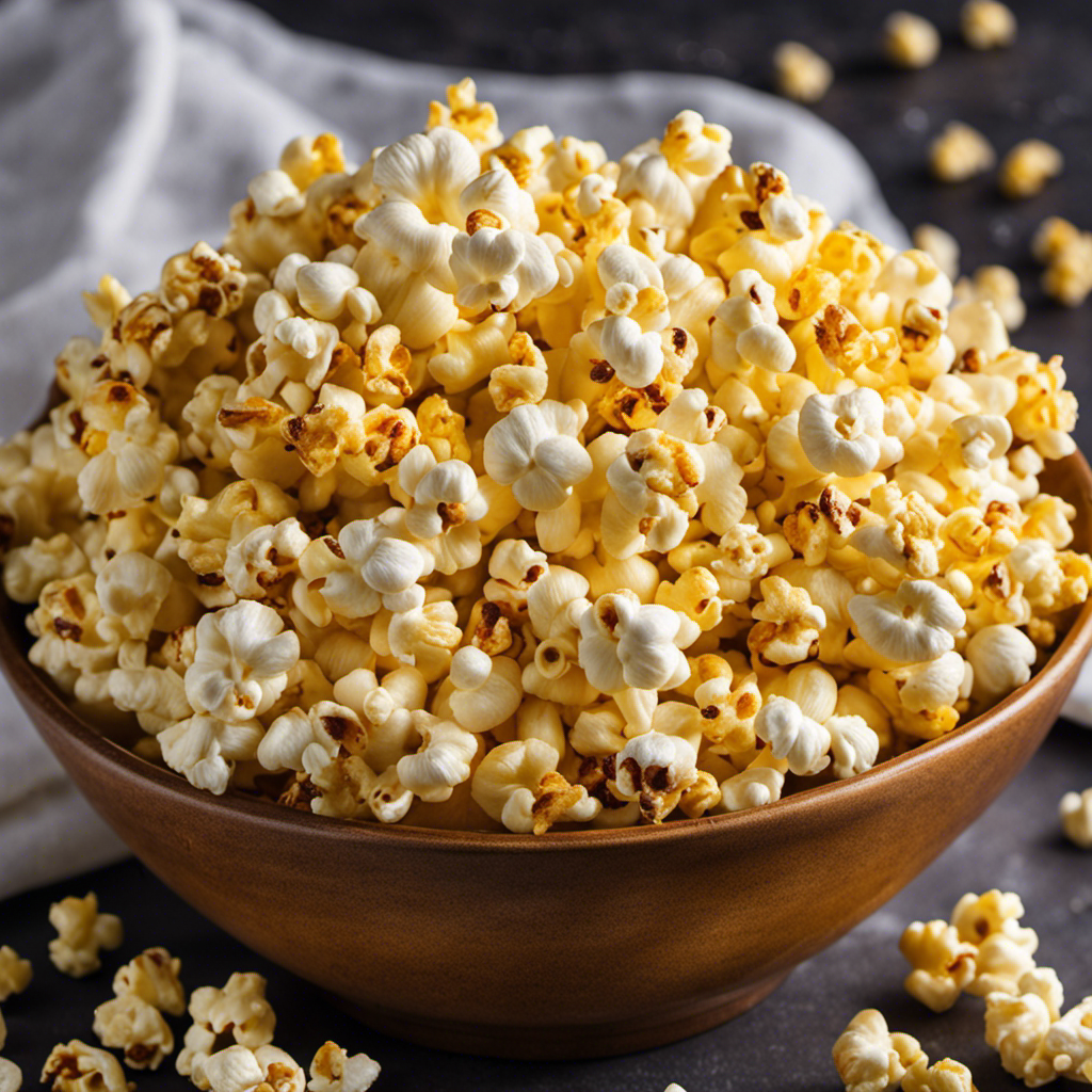 An image showcasing a vibrant bowl of popcorn, each kernel glistening with a luscious golden-brown hue
