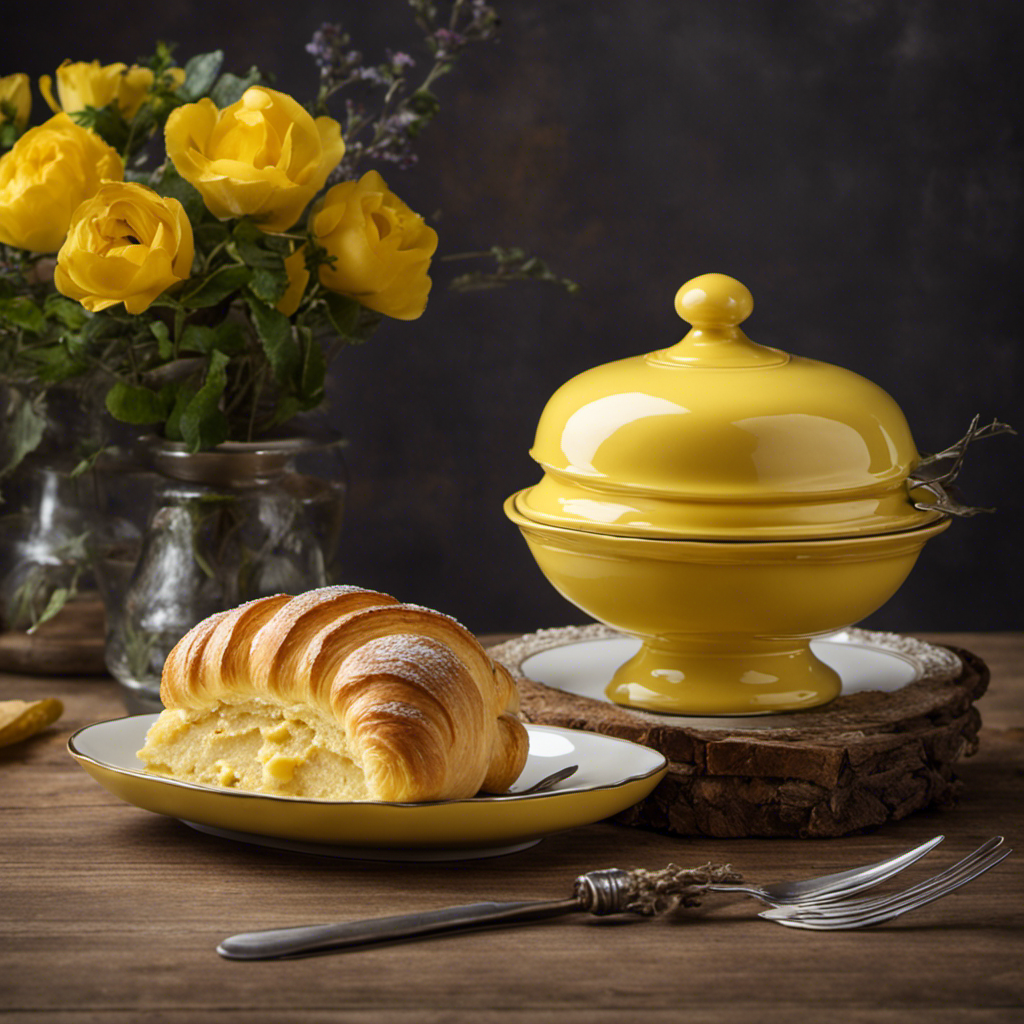 An image showcasing a yellow butter dish, adorned with a delicate floral pattern