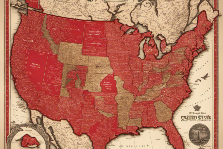 An image showcasing a map of the United States, where states where the Magical Butter Maker is illegal are highlighted in vibrant red, contrasting with the rest of the states in a softer, neutral color palette