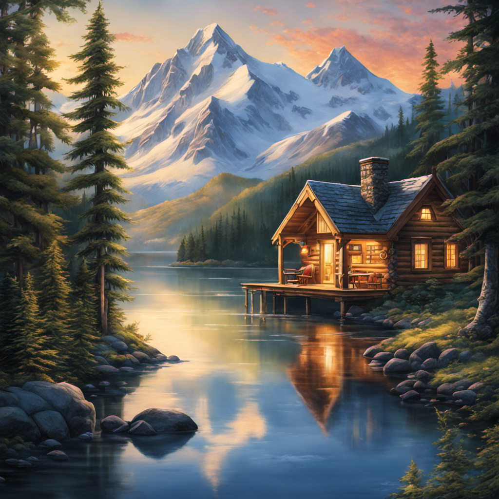 An image depicting a stunning Alaskan landscape with a backdrop of snow-capped mountains, a serene lake, and a cozy cabin