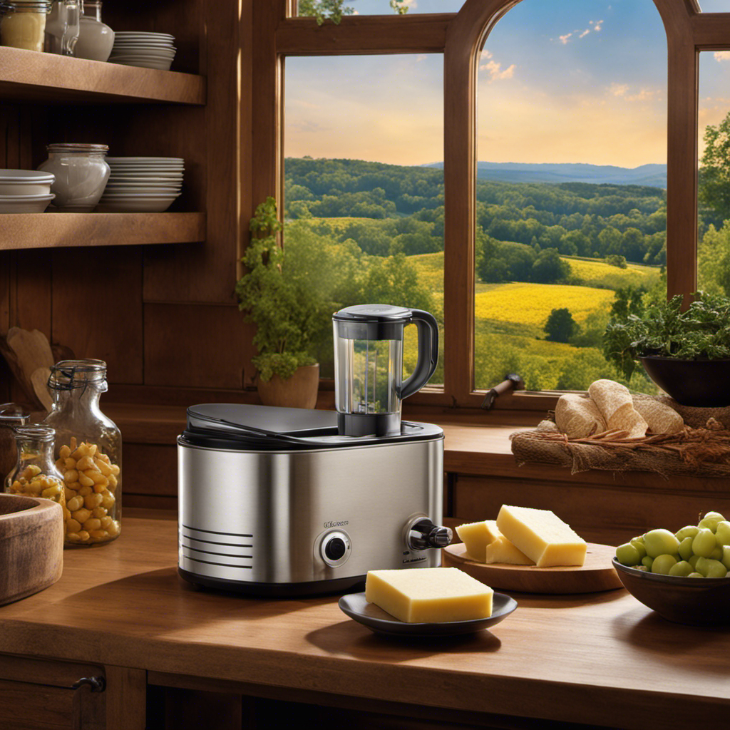 An image showcasing Connecticut's acceptance of the Magical Butter Maker, with a picturesque backdrop of the state's rolling hills and a person joyfully using the device in a charming kitchen setting