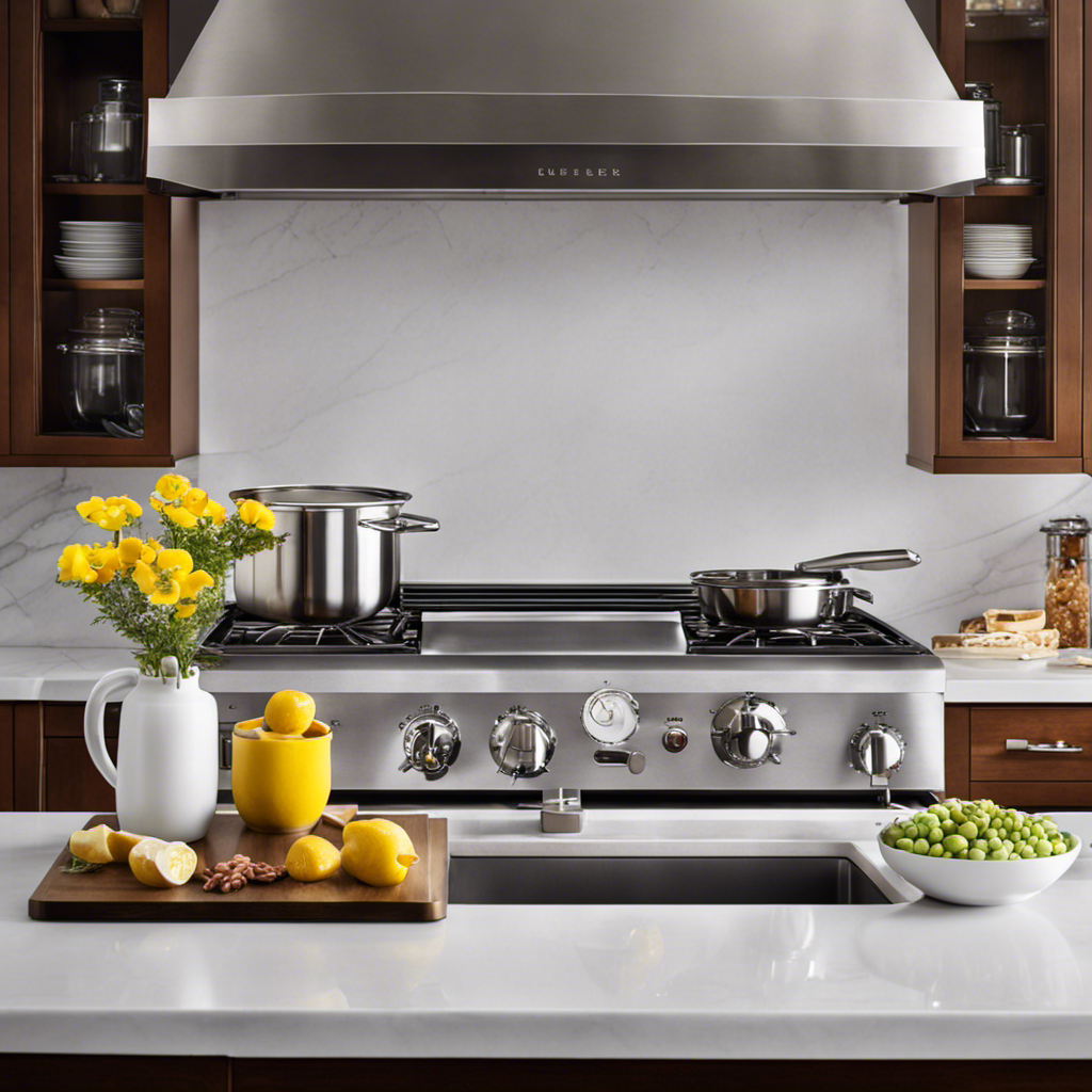 An image that showcases the interior of a quaint gourmet kitchen, adorned with stainless steel countertops, where a shelf displays an array of kitchen gadgets