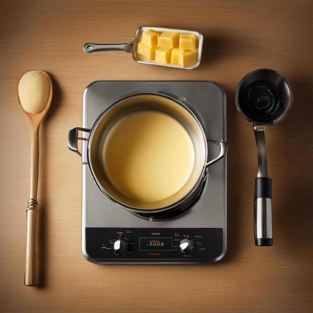 An image depicting a small stainless steel saucepan on a gas stove, with a golden stick of butter melting slowly over medium heat, emitting a faint trail of steam
