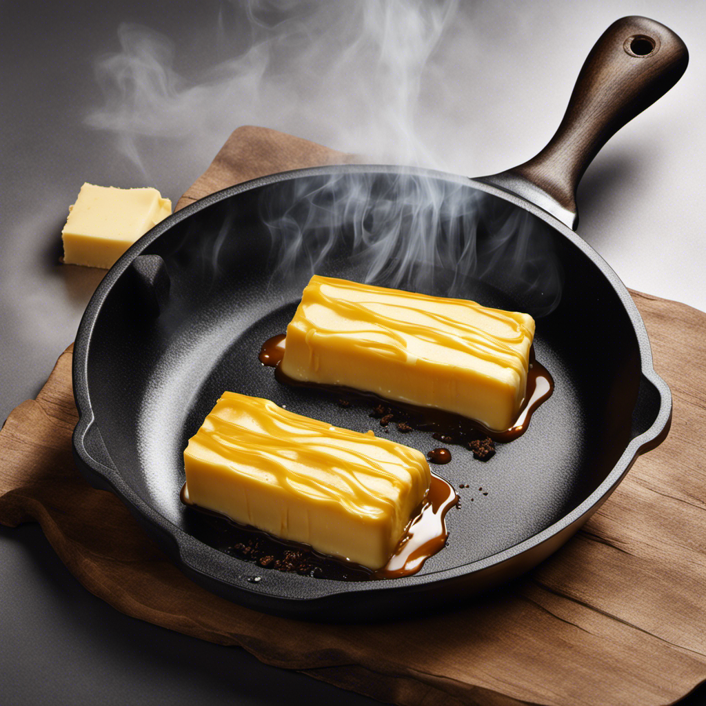An image showcasing a golden stick of butter melting in a sizzling hot skillet, emitting wisps of smoke, with the surface gradually turning from a smooth consistency to a bubbling, browned texture