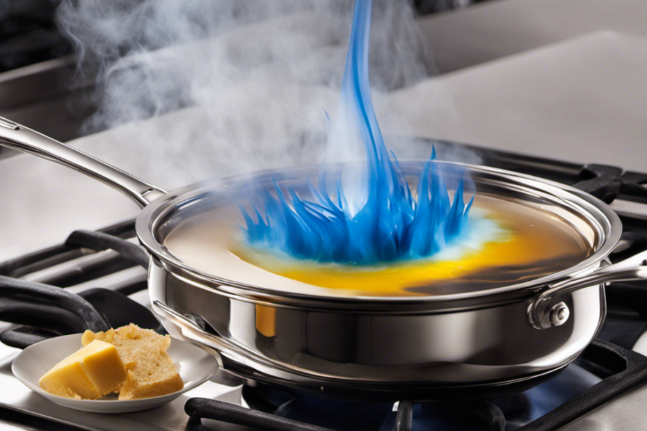 An image capturing a vibrant blue flame beneath a stainless steel saucepan, as creamy butter melts and dances in the heat, creating delicate wisps of steam that mingle with the air