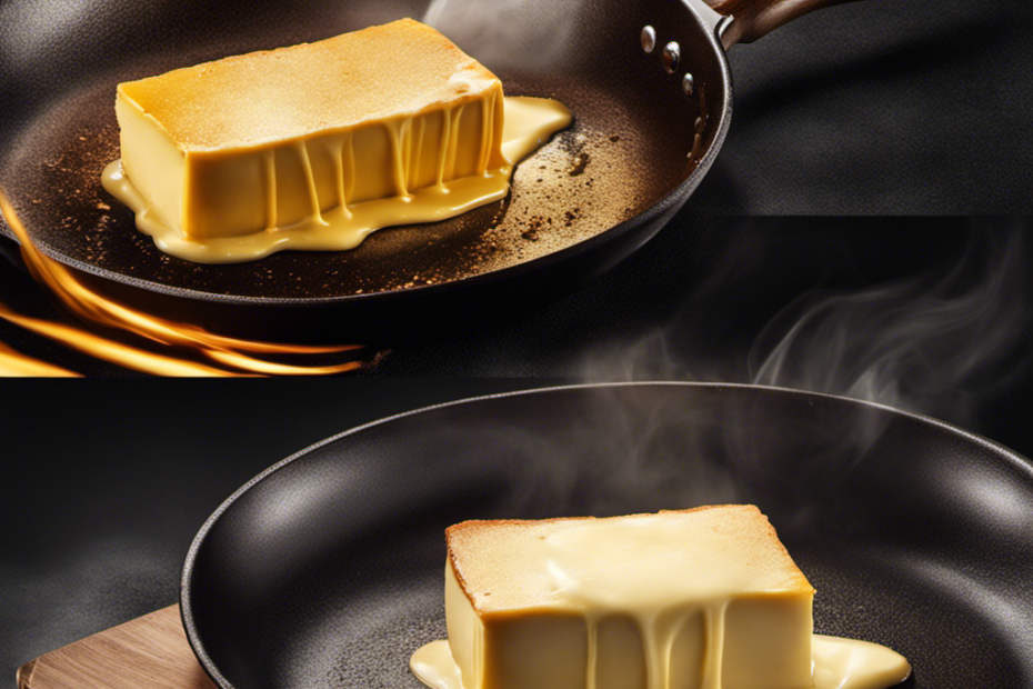 An image showcasing a golden stick of butter melting over a sizzling hot skillet, emitting wisps of smoke, as the edges turn a deep brown hue, symbolizing the moment when butter reaches its burning point