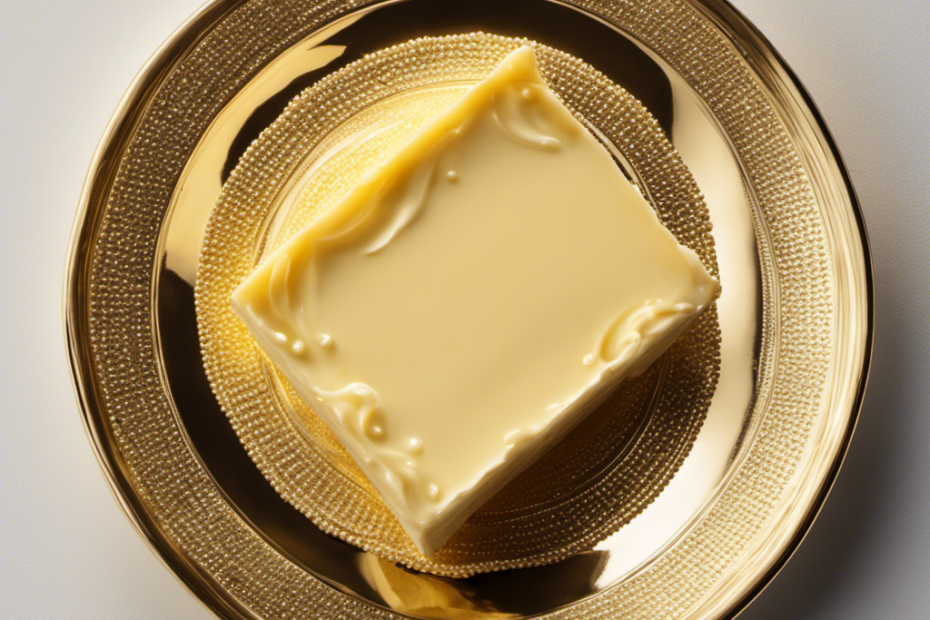 An image showcasing a creamy, golden block of butter resting on a pristine white saucer