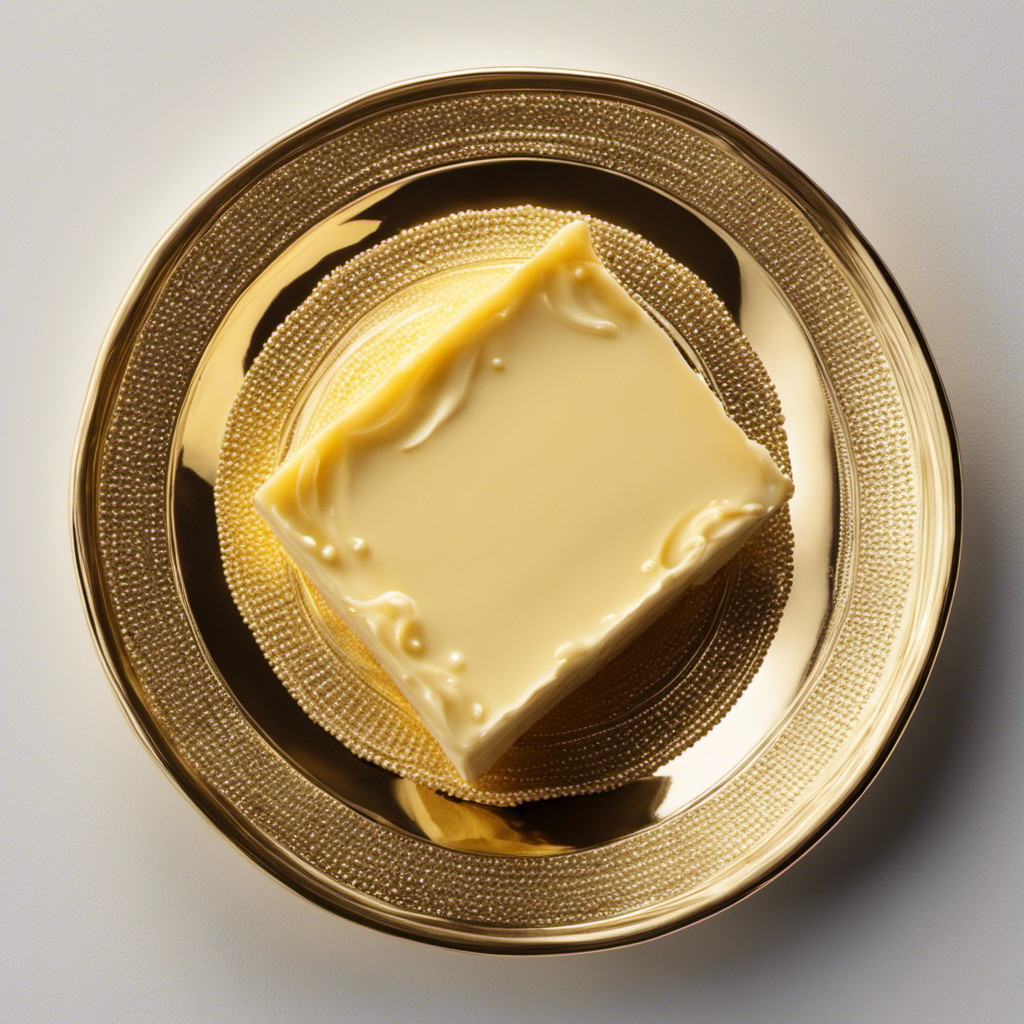 An image showcasing a creamy, golden block of butter resting on a pristine white saucer