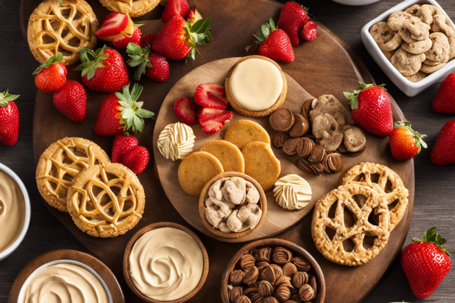 An image that showcases a vibrant wooden cutting board adorned with an array of delectable treats surrounding a jar of luscious cookie butter