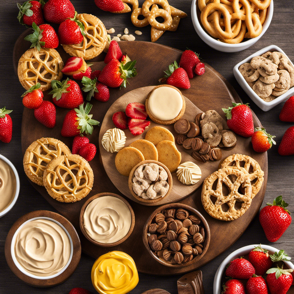 An image that showcases a vibrant wooden cutting board adorned with an array of delectable treats surrounding a jar of luscious cookie butter