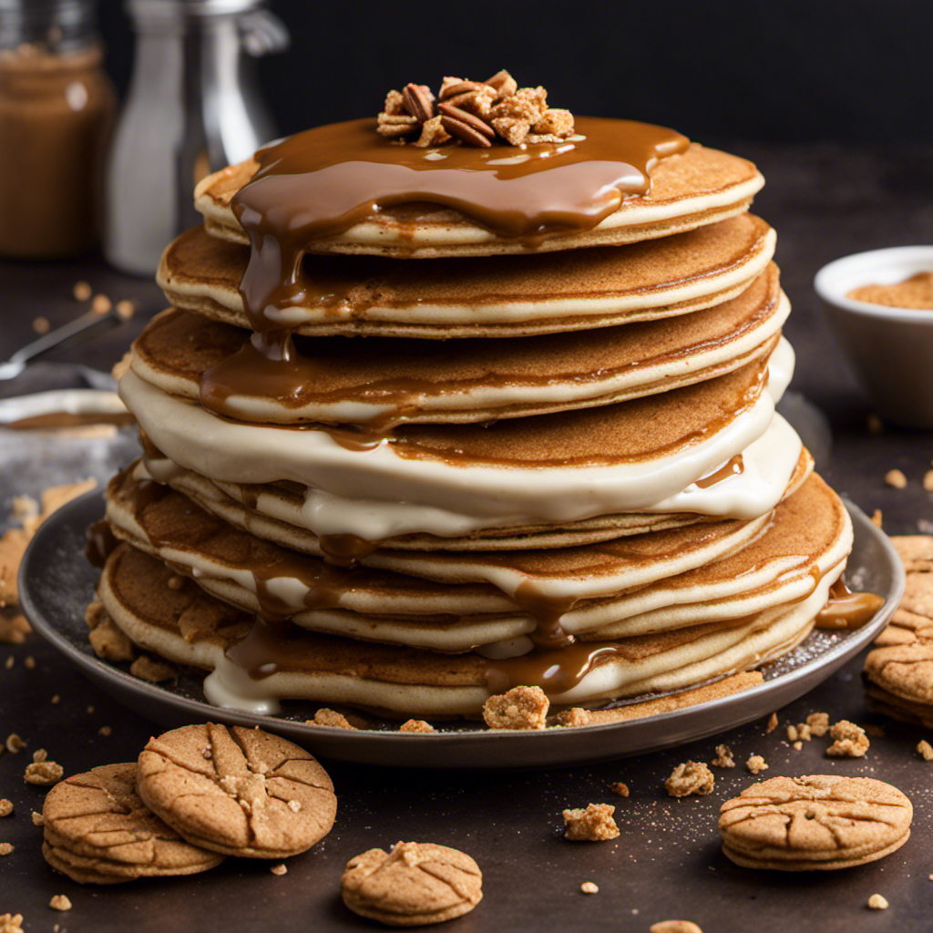 An image featuring a stack of warm, golden-brown pancakes topped with a generous dollop of creamy Biscoff cookie butter, slowly melting and cascading down the sides, garnished with a sprinkle of crushed Biscoff cookies