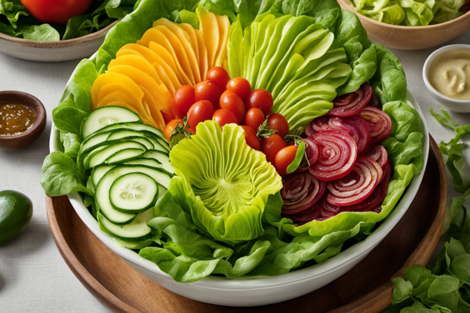 An image showcasing a vibrant salad bowl filled with delicate butter lettuce leaves, elegantly arranged alongside colorful heirloom tomatoes, crisp cucumber slices, and a drizzle of tangy vinaigrette, inspiring readers with creative ideas for savoring this luscious leafy green