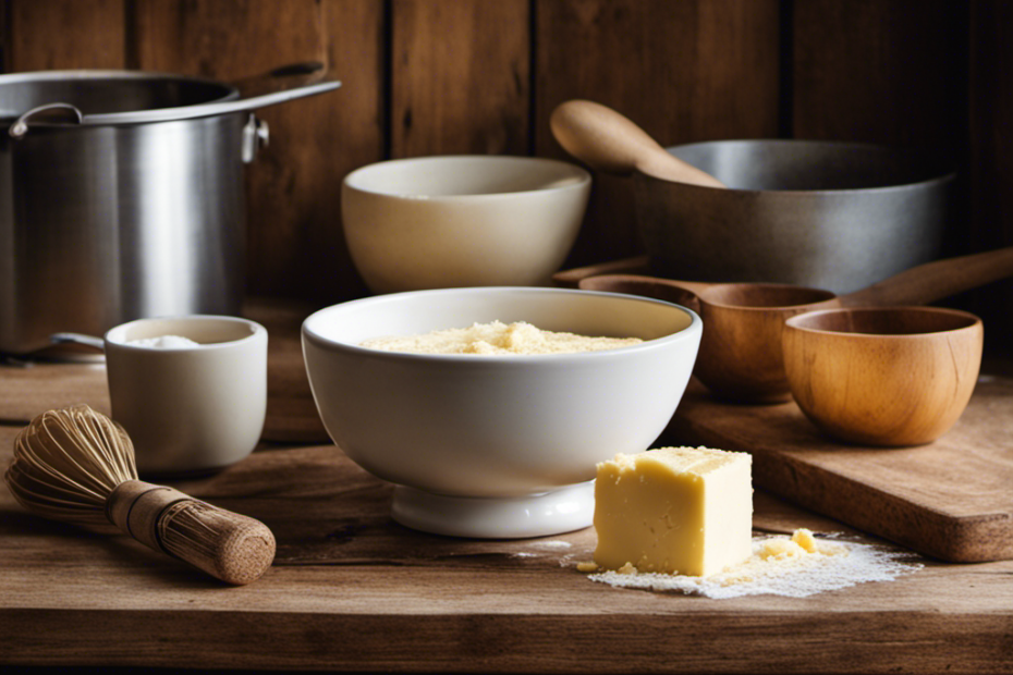 An image of a rustic kitchen with a wooden countertop covered in a freshly churned butter pat, a creamy white bowl of buttermilk next to it, and a whisk resting on top, inviting readers to explore creative uses for this tangy byproduct