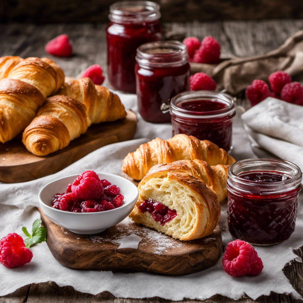 An image of a crumbling, yellowed butter stick on a rustic wooden cutting board, surrounded by vibrant, freshly baked croissants and a jar of homemade raspberry jam
