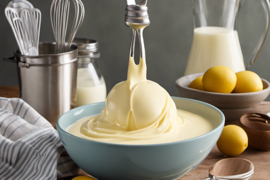 An image showcasing a bowl filled with creamy milk solids separated from clarified butter, surrounded by kitchen utensils like a whisk, spatula, and measuring cups, suggesting various creative uses