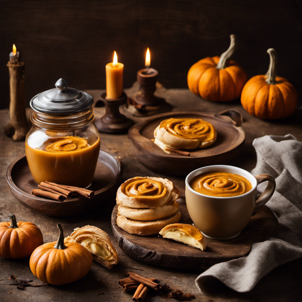 An image showcasing a charming autumnal spread: a rustic wooden table adorned with a jar of velvety pumpkin butter, accompanied by golden toast slices, warm cinnamon rolls, and a steaming mug of spiced chai