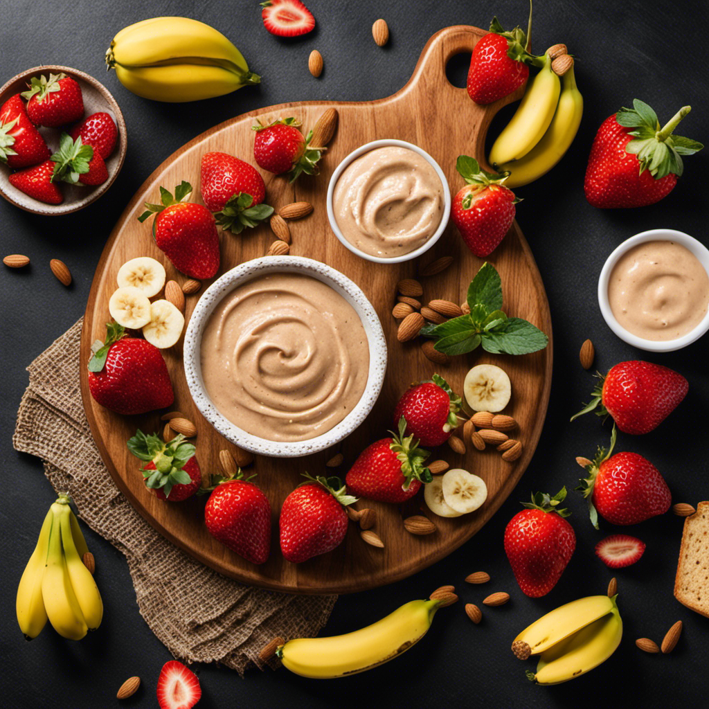 An image showcasing a wooden cutting board adorned with a generous smear of creamy almond butter