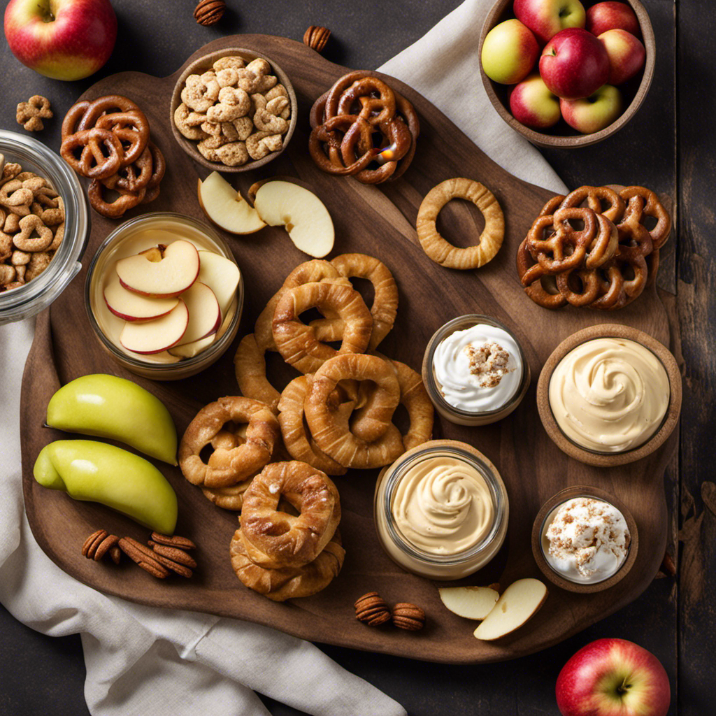 An image showcasing a beautifully arranged wooden serving board adorned with an assortment of delectable treats like crisp apple slices, flaky croissants, creamy vanilla ice cream, and crunchy pretzels, all perfectly complementing a jar of irresistible, golden cookie butter