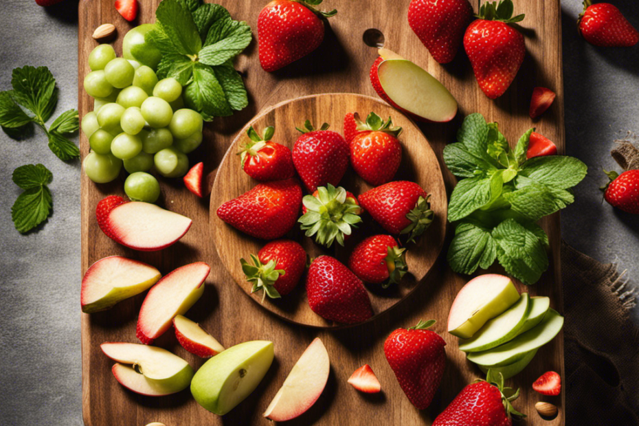 An image capturing a rustic wooden cutting board, adorned with vibrant slices of ripe strawberries, crisp apple wedges, crunchy celery sticks, and a dollop of creamy almond butter, invitingly inviting readers to explore delectable pairings