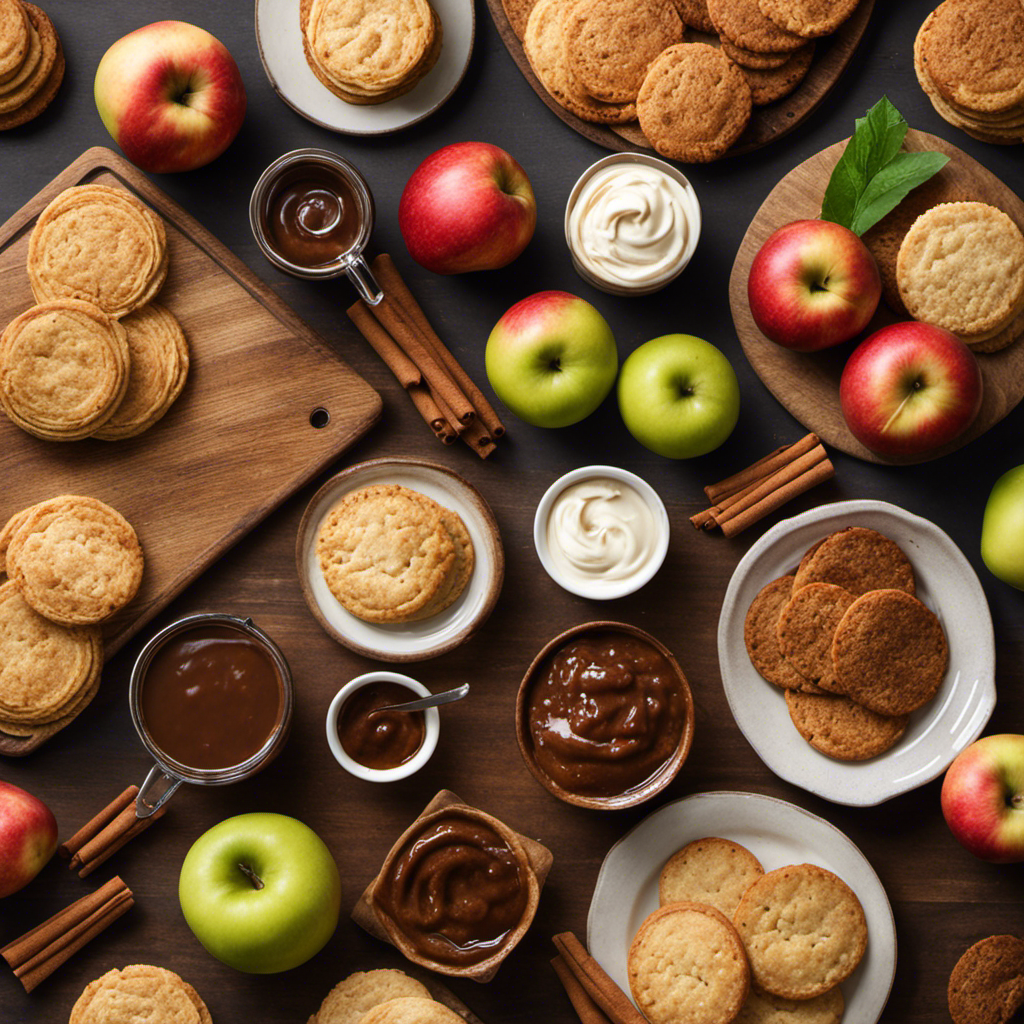 An image showcasing a rustic wooden cutting board adorned with a generous dollop of velvety apple butter, surrounded by an assortment of freshly baked flaky biscuits, warm cinnamon-spiced pancakes, and crisp apple slices