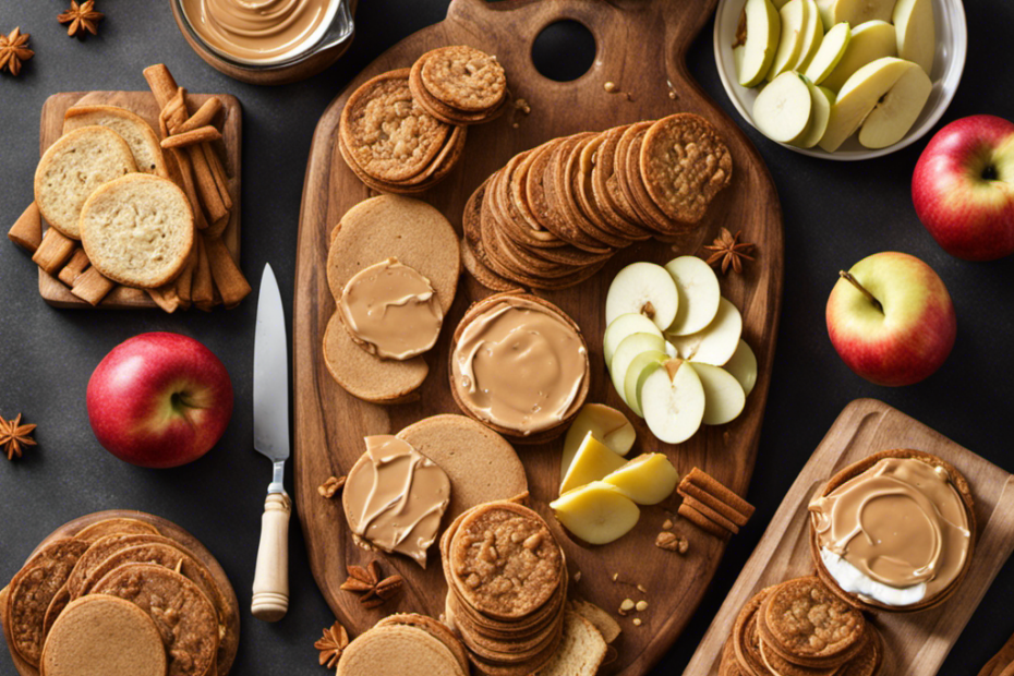 An image showcasing a wooden cutting board adorned with a generous spread of creamy Biscoff cookie butter