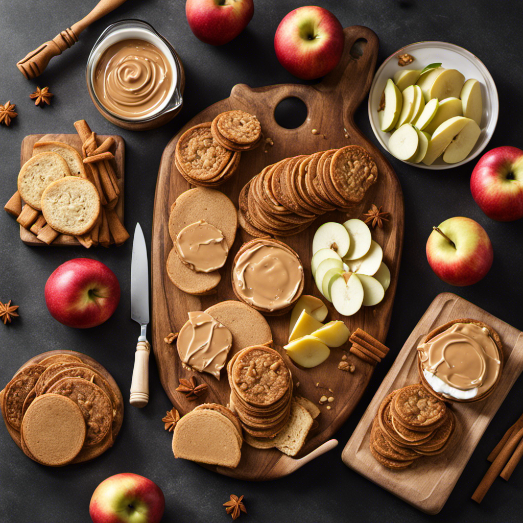 An image showcasing a wooden cutting board adorned with a generous spread of creamy Biscoff cookie butter