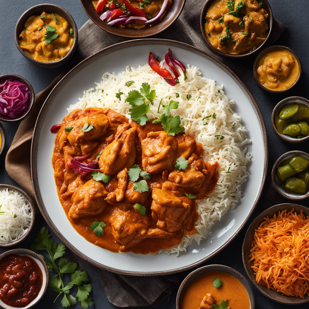 An image capturing a tantalizing plate of butter chicken, accompanied by fragrant basmati rice, warm fluffy naan bread, and a colorful assortment of aromatic Indian chutneys and pickles