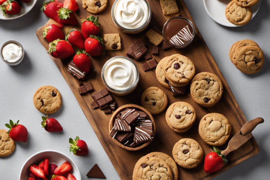 An image showcasing a wooden cutting board adorned with an assortment of delectable treats, including warm, freshly baked cookies, a jar of creamy cookie butter, ripe strawberries, a spread of chocolate, and a dollop of whipped cream