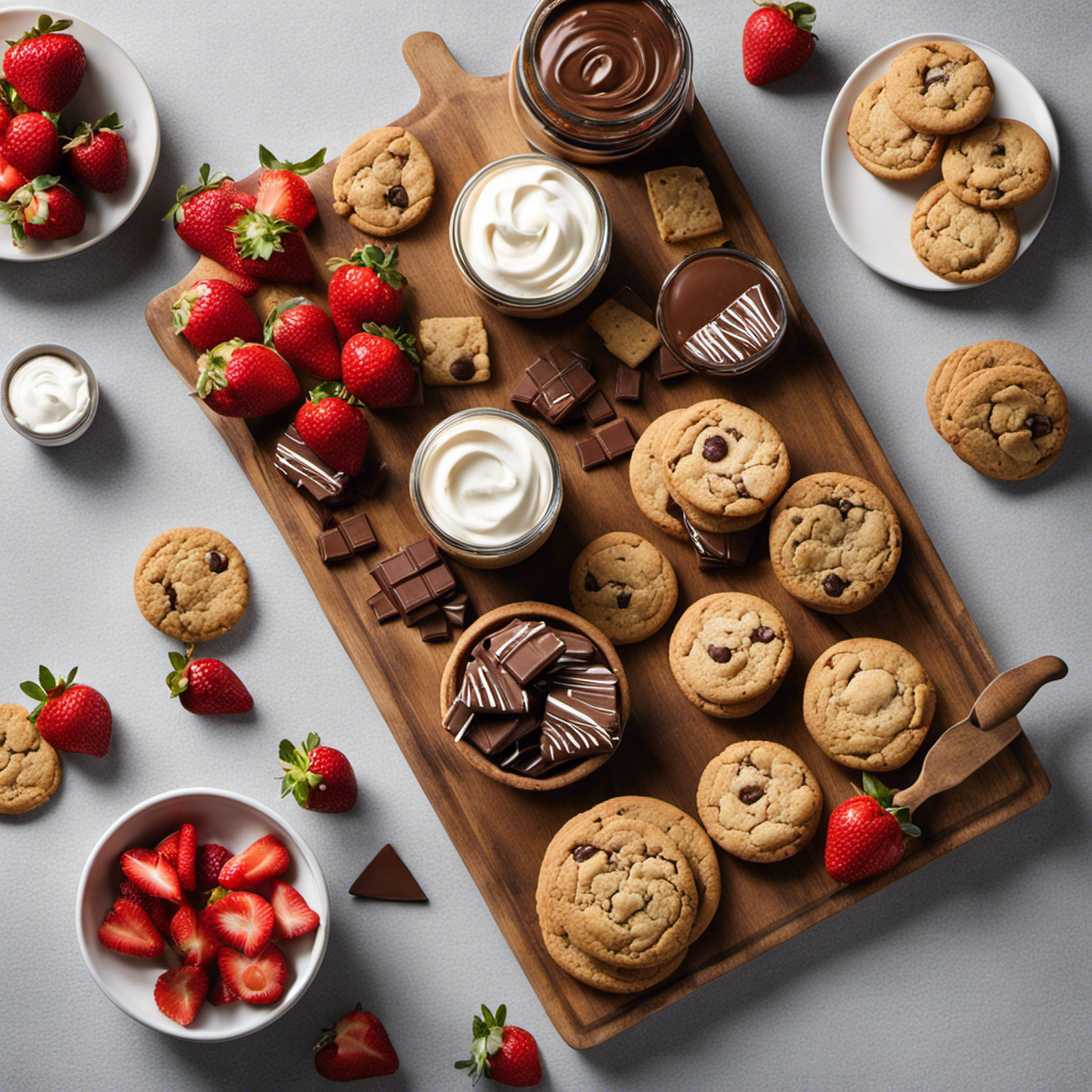 An image showcasing a wooden cutting board adorned with an assortment of delectable treats, including warm, freshly baked cookies, a jar of creamy cookie butter, ripe strawberries, a spread of chocolate, and a dollop of whipped cream