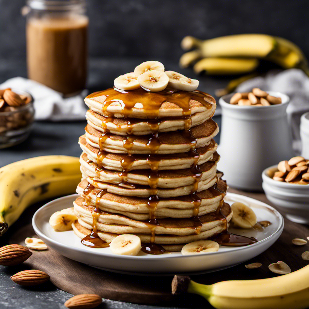 An image showcasing a smooth, creamy almond butter spread atop a stack of fluffy pancakes, adorned with sliced bananas, a drizzle of honey, and a sprinkle of crushed almonds